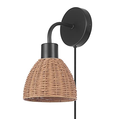 Globe Electric Briar 1-Light Plug-in or Hardwire Wall Sconce, Matte Black, Rattan Shade, 6ft Black Braided Fabric Designer Cord, in-Line On/Off Rocker Switch, Bulb Not Included