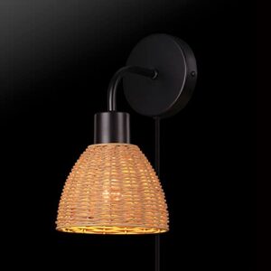 Globe Electric Briar 1-Light Plug-in or Hardwire Wall Sconce, Matte Black, Rattan Shade, 6ft Black Braided Fabric Designer Cord, in-Line On/Off Rocker Switch, Bulb Not Included