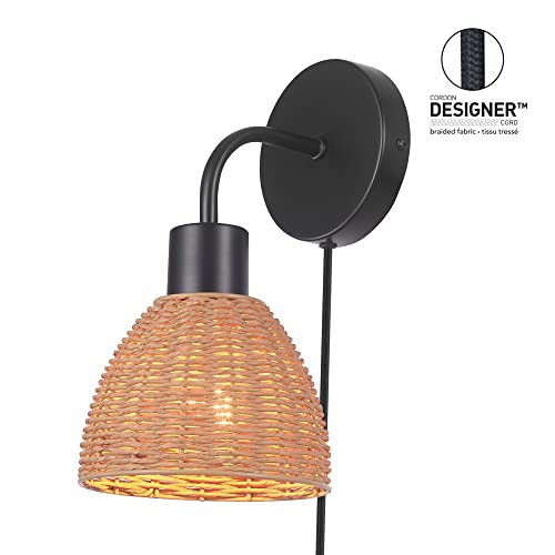 Globe Electric Briar 1-Light Plug-in or Hardwire Wall Sconce, Matte Black, Rattan Shade, 6ft Black Braided Fabric Designer Cord, in-Line On/Off Rocker Switch, Bulb Not Included