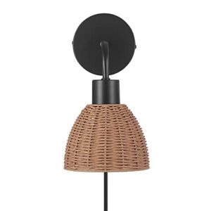 Globe Electric Briar 1-Light Plug-in or Hardwire Wall Sconce, Matte Black, Rattan Shade, 6ft Black Braided Fabric Designer Cord, in-Line On/Off Rocker Switch, Bulb Not Included