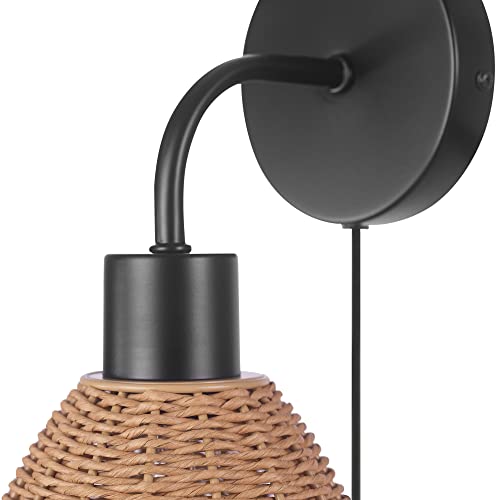 Globe Electric Briar 1-Light Plug-in or Hardwire Wall Sconce, Matte Black, Rattan Shade, 6ft Black Braided Fabric Designer Cord, in-Line On/Off Rocker Switch, Bulb Not Included