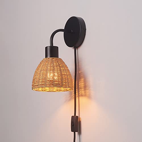 Globe Electric Briar 1-Light Plug-in or Hardwire Wall Sconce, Matte Black, Rattan Shade, 6ft Black Braided Fabric Designer Cord, in-Line On/Off Rocker Switch, Bulb Not Included