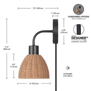 Globe Electric Briar 1-Light Plug-in or Hardwire Wall Sconce, Matte Black, Rattan Shade, 6ft Black Braided Fabric Designer Cord, in-Line On/Off Rocker Switch, Bulb Not Included