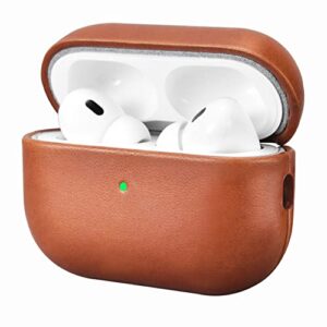 icarerfamily leather case for airpods pro 2 (2022), genuine leather shockproof protective cover for airpods pro 2 earphones charging case (led visible) support wireless charger brown
