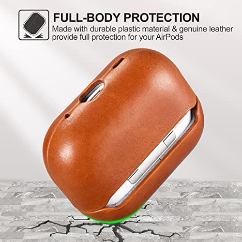 ICARERFAMILY Leather Case for AirPods Pro 2 (2022), Genuine Leather Shockproof Protective Cover for AirPods Pro 2 Earphones Charging Case (LED Visible) Support Wireless Charger Brown