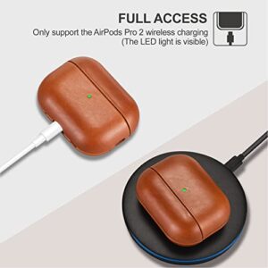 ICARERFAMILY Leather Case for AirPods Pro 2 (2022), Genuine Leather Shockproof Protective Cover for AirPods Pro 2 Earphones Charging Case (LED Visible) Support Wireless Charger Brown