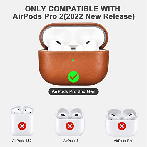 ICARERFAMILY Leather Case for AirPods Pro 2 (2022), Genuine Leather Shockproof Protective Cover for AirPods Pro 2 Earphones Charging Case (LED Visible) Support Wireless Charger Brown