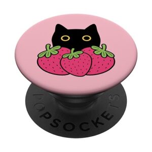 cute black cat pink strawberry kawaii strawberries popsockets standard popgrip