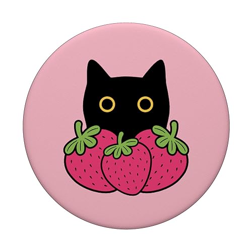 Cute Black Cat Pink Strawberry Kawaii Strawberries PopSockets Standard PopGrip