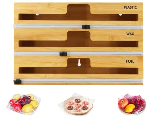 FORTBIT Foil and Plastic Wrap Organizer with Cutter - 3in1 Natural Bamboo Wooden Plastic, Wax, Parchment, Aluminum Foil and Plastic wrap Dispenser with Cutter - 12" Kitchen Wrap Dispenser for Drawer