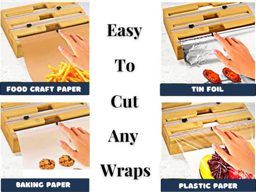 FORTBIT Foil and Plastic Wrap Organizer with Cutter - 3in1 Natural Bamboo Wooden Plastic, Wax, Parchment, Aluminum Foil and Plastic wrap Dispenser with Cutter - 12" Kitchen Wrap Dispenser for Drawer