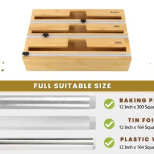 FORTBIT Foil and Plastic Wrap Organizer with Cutter - 3in1 Natural Bamboo Wooden Plastic, Wax, Parchment, Aluminum Foil and Plastic wrap Dispenser with Cutter - 12" Kitchen Wrap Dispenser for Drawer