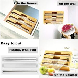 FORTBIT Foil and Plastic Wrap Organizer with Cutter - 3in1 Natural Bamboo Wooden Plastic, Wax, Parchment, Aluminum Foil and Plastic wrap Dispenser with Cutter - 12" Kitchen Wrap Dispenser for Drawer