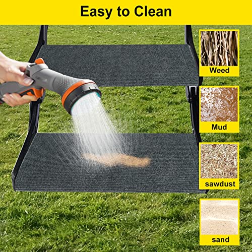 RV Steps Covers Rugs 3 Pack, 18 Inch Wide RV Camper Step Stair Covers, Wrap Around Camper Stair Rugs Radius Carpet with Spring Hooks, Grey