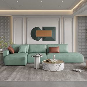 jach 145" modular leathaire large sectional sofa with chaise, l-shaped faux leather 5 seater minimalist couch, modern right hand facing sectional sofas with 3 throw pillows, green