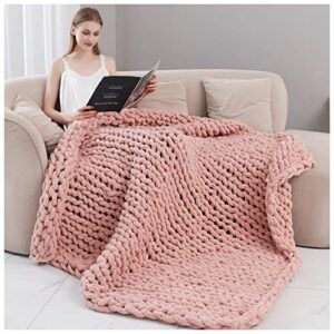 qqp chunky knit throw blanket,hand made with jumbo chenille yarn crochet blanket,super cozy and soft chunky knitted throw blanket for sleep＆home decor.（40x40in dusty pink）