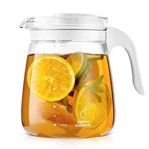 Glass Water Pitcher - HIHUOS 60oz Chic Carafe with Lid and Handle - Iced Tea Pitcher with Precise Scale Line, Modern Juice Jug for Cold Brew Coffee, Milk, Sun Tea, Lemonade