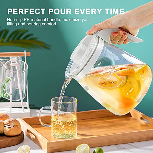 Glass Water Pitcher - HIHUOS 60oz Chic Carafe with Lid and Handle - Iced Tea Pitcher with Precise Scale Line, Modern Juice Jug for Cold Brew Coffee, Milk, Sun Tea, Lemonade