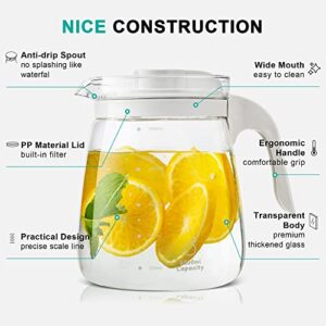 Glass Water Pitcher - HIHUOS 60oz Chic Carafe with Lid and Handle - Iced Tea Pitcher with Precise Scale Line, Modern Juice Jug for Cold Brew Coffee, Milk, Sun Tea, Lemonade