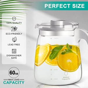 Glass Water Pitcher - HIHUOS 60oz Chic Carafe with Lid and Handle - Iced Tea Pitcher with Precise Scale Line, Modern Juice Jug for Cold Brew Coffee, Milk, Sun Tea, Lemonade