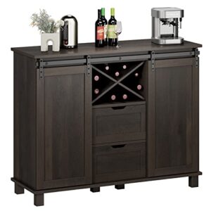 hostack farmhouse buffet sideboard, coffee bar cabinet with storage, liquor wine cabinet with sliding barn doors, accent cabinet for home, kitchen, dining room, dark brown