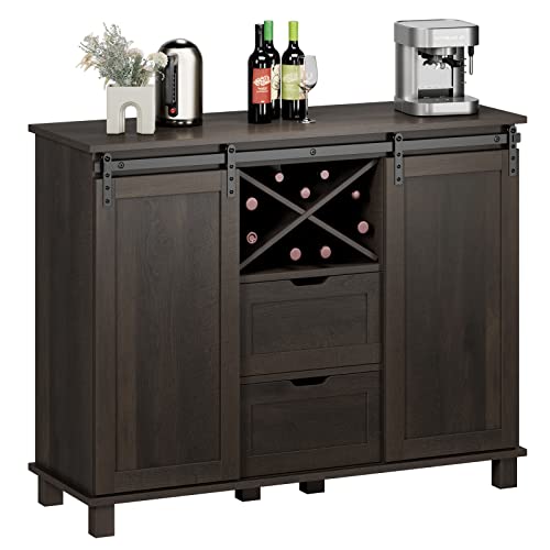 HOSTACK Farmhouse Buffet Sideboard, Coffee Bar Cabinet with Storage, Liquor Wine Cabinet with Sliding Barn Doors, Accent Cabinet for Home, Kitchen, Dining Room, Dark Brown