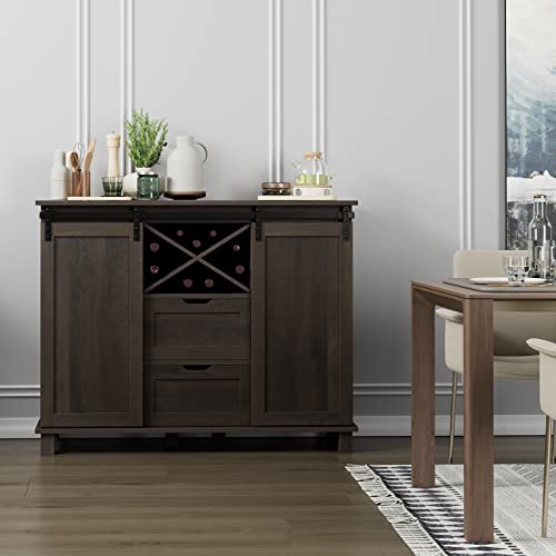 HOSTACK Farmhouse Buffet Sideboard, Coffee Bar Cabinet with Storage, Liquor Wine Cabinet with Sliding Barn Doors, Accent Cabinet for Home, Kitchen, Dining Room, Dark Brown