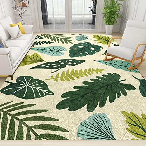 Tropical Plant Green Leaves Area Rug, Abstract Leaves Leaves Home Decor Rug, Easy Clean Carpet with Anti-Slip Backing Durable Not Falling Off for Bedroom Living Room Dining Room Office 5ftx3.3ft