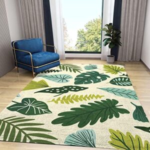 Tropical Plant Green Leaves Area Rug, Abstract Leaves Leaves Home Decor Rug, Easy Clean Carpet with Anti-Slip Backing Durable Not Falling Off for Bedroom Living Room Dining Room Office 5ftx3.3ft