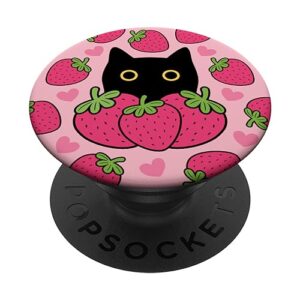 cute kawaii black cat pink strawberry heart strawberries popsockets standard popgrip