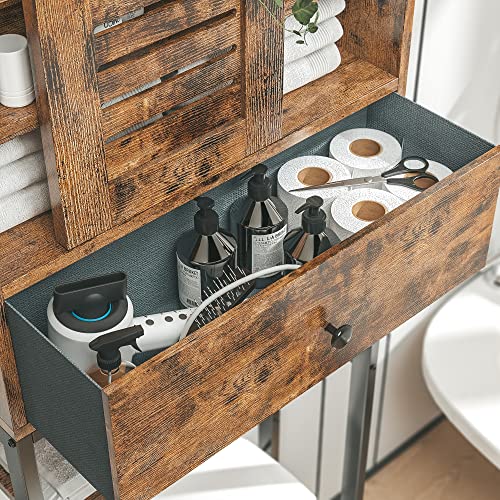 IRONCK Over The Toilet Storage Rack with Cabinet and Drawer, 6 Tier Bathroom Organizer Shelves Space Saver with Adjustable Shelf, Sliding Door, Paper Hook, Vintage Brown