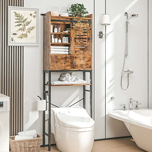 IRONCK Over The Toilet Storage Rack with Cabinet and Drawer, 6 Tier Bathroom Organizer Shelves Space Saver with Adjustable Shelf, Sliding Door, Paper Hook, Vintage Brown