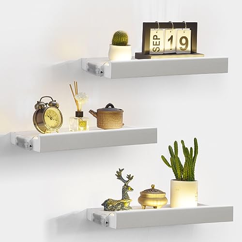 JERESER Floating Shelves with Invisible Brackets & Strip Lights, Protective Front Lip, White Wood Wall Shelves Set of 3, Wall Mounted Bookshelf, Wall Decor, for Bedroom, Bathroom, Living Room, Kitchen