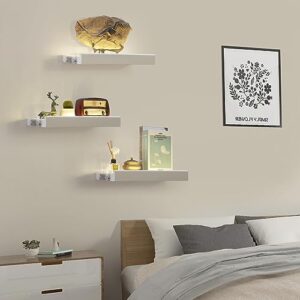 JERESER Floating Shelves with Invisible Brackets & Strip Lights, Protective Front Lip, White Wood Wall Shelves Set of 3, Wall Mounted Bookshelf, Wall Decor, for Bedroom, Bathroom, Living Room, Kitchen