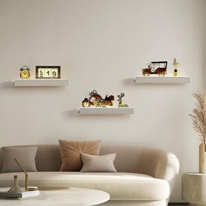 JERESER Floating Shelves with Invisible Brackets & Strip Lights, Protective Front Lip, White Wood Wall Shelves Set of 3, Wall Mounted Bookshelf, Wall Decor, for Bedroom, Bathroom, Living Room, Kitchen