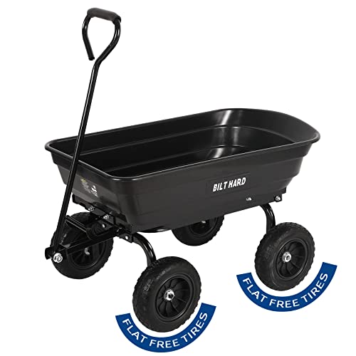 BILT HARD 4 Cu.Ft. 10" No-Flat Tires Poly Yard Dump Cart with 180° Rotating Handle, 600 lbs Capacity Heavy Duty Garden Carts and Wagons