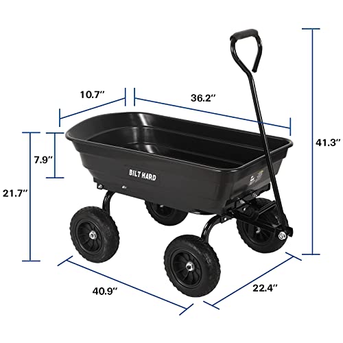 BILT HARD 4 Cu.Ft. 10" No-Flat Tires Poly Yard Dump Cart with 180° Rotating Handle, 600 lbs Capacity Heavy Duty Garden Carts and Wagons