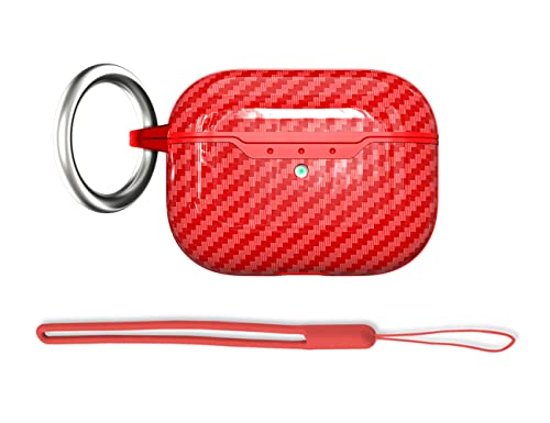 Case for AirPods Pro 2nd Generation Case Cover 2022 New, Carbon Fiber Skin Full Protective Shockproof Case for Men Women, Slim TPU case with Keychain and Lanyard (Red)