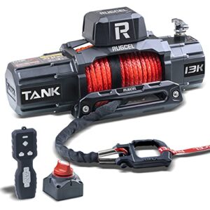 rugcel 13500lb waterproof electric red synthetic rope winch with hawse fairlead, wired handle and 2 wireless remote (tank13500 red)