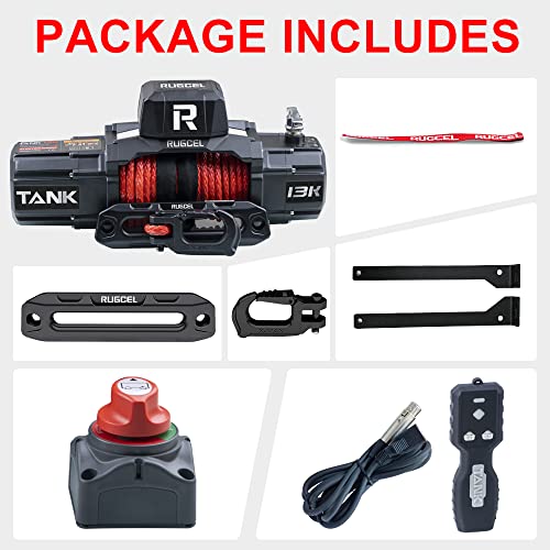 RUGCEL 13500lb Waterproof Electric Red Synthetic Rope Winch with Hawse Fairlead, Wired Handle and 2 Wireless Remote (TANK13500 RED)