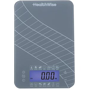 HealthWise Digital Kitchen Food Scale with Calorie & Carb Calculator Tempered Glass | Precision Measurements | Unit conversions: oz, lbs, g, ml | 14 pre-Set Foods, Gray (59-106)