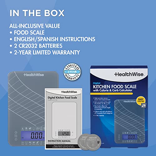 HealthWise Digital Kitchen Food Scale with Calorie & Carb Calculator Tempered Glass | Precision Measurements | Unit conversions: oz, lbs, g, ml | 14 pre-Set Foods, Gray (59-106)