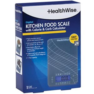 HealthWise Digital Kitchen Food Scale with Calorie & Carb Calculator Tempered Glass | Precision Measurements | Unit conversions: oz, lbs, g, ml | 14 pre-Set Foods, Gray (59-106)