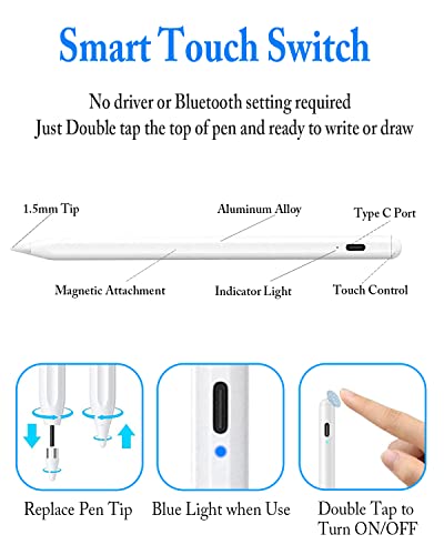 Active Stylus Pens for Touch Screens with Magnetic Design, Rechargeable Universal iPad Pencil, Fine Point Stylus Pen for iPad Pro/Air/Mini/iPhone/iOS/Android/Tablets Writing & Drawing-White