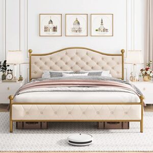 hifit queen size platform bed frame with elegant button tufted curved headboard, velvet upholstered bed frame with no noise, heavy duty metal frame foundation, no box spring needed, gold-beige