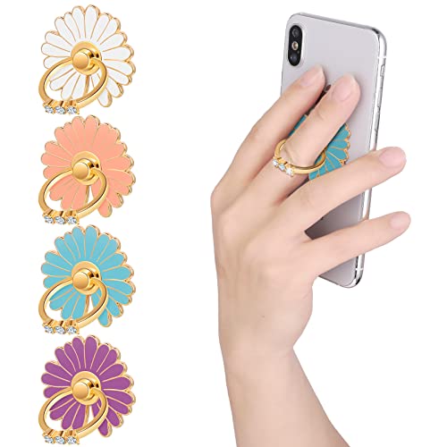 cobee Cell Phone Ring Holders, 4 Pcs Cute Daisy Finger Kickstands Metal Round 180°/360° Rotation Hand Grip with Knob Loop Phone Ring Grips Compatible with Most Smartphones, Tablets