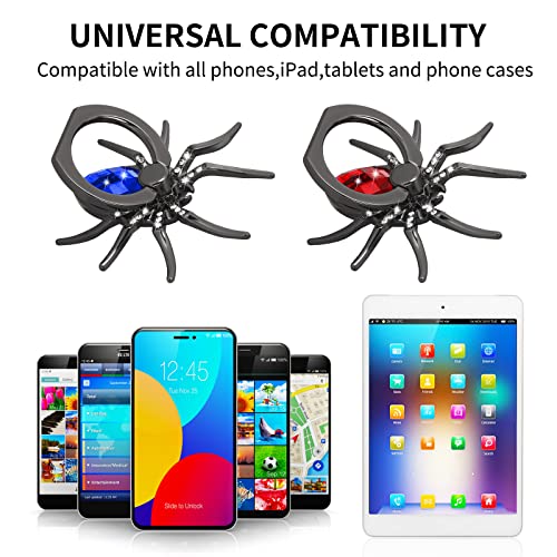 cobee Spider Cell Phone Ring Holders, 2 Pcs Metal Spider Phone Finger Kickstand with Crystal Stone Cool Reptiles Hand Phone Grips with Knob Loop 180°/360° Rotation Phone Ring Stands(Blue+Red)