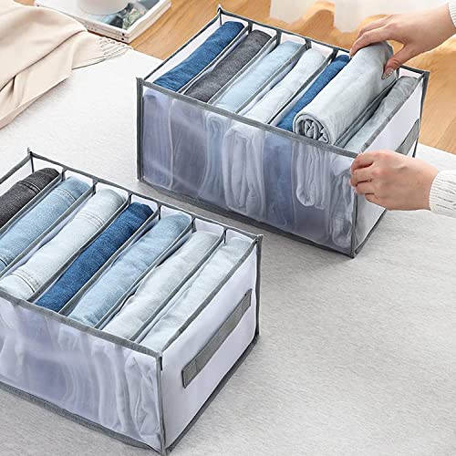 Mesh Wardrobe Clothes Organizer for Jeans and shirt, Upgraded Sturdy Large Drawer storage box for Clothing with Handle Foldable, Drawer Organizers Clothes (4 Packs: Shirt+Jeans+T-Shirt, Grey)