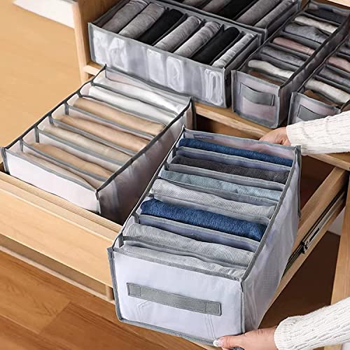 Mesh Wardrobe Clothes Organizer for Jeans and shirt, Upgraded Sturdy Large Drawer storage box for Clothing with Handle Foldable, Drawer Organizers Clothes (4 Packs: Shirt+Jeans+T-Shirt, Grey)