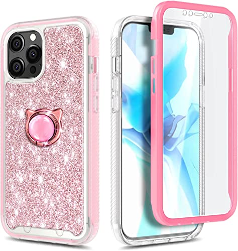 NGB Supremacy Compatible with iPhone 12/12 Pro Case, Full Body Protection with [Built-in Screen Protector] Ring Holder/Wrist Strap, Slim Fit Shockproof Bumper Durable Cover Case (Glitter Rose Gold)